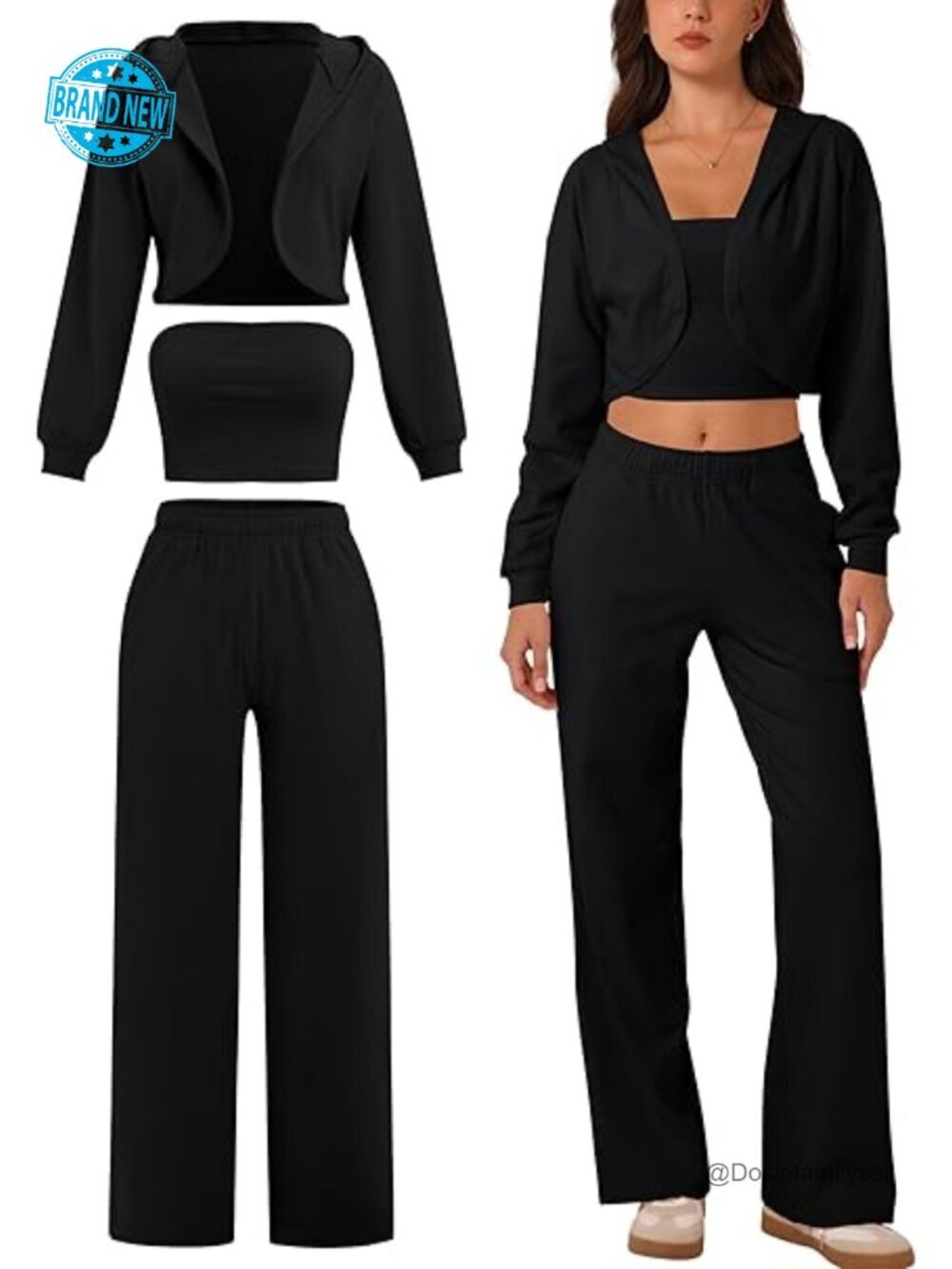 3 Piece Brushed Jersey Cropped Shrug Bandeau Top Wide Leg Sweatpants Set